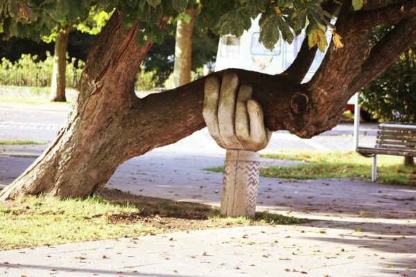 A carved wooden hand emerges out of the ground to support a collapsing tree.