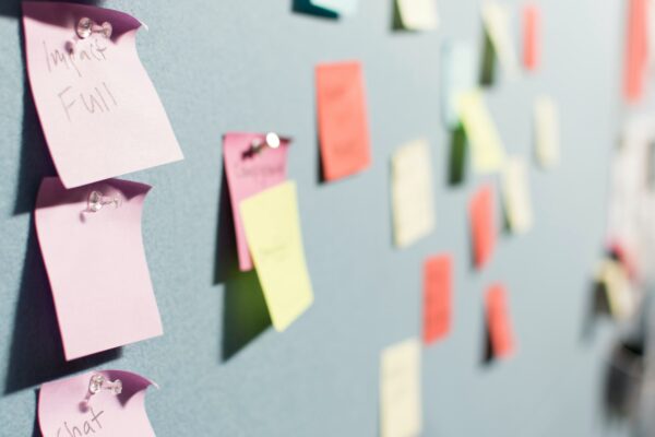 Scattered post-it notes in a range of colours pinned to a wall.